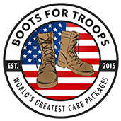 Boots For Troops logo, combat boots on a US flag with World's Greatest Care Packages
