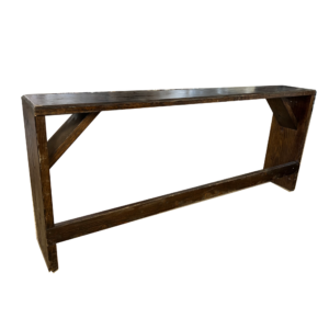 Rustic wooden bar-height bench rental from Acme Party and Tent, seating for bar high tables at weddings, parties, and corporate events