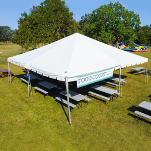Clear span frame tent set up as a food court at a Houston event