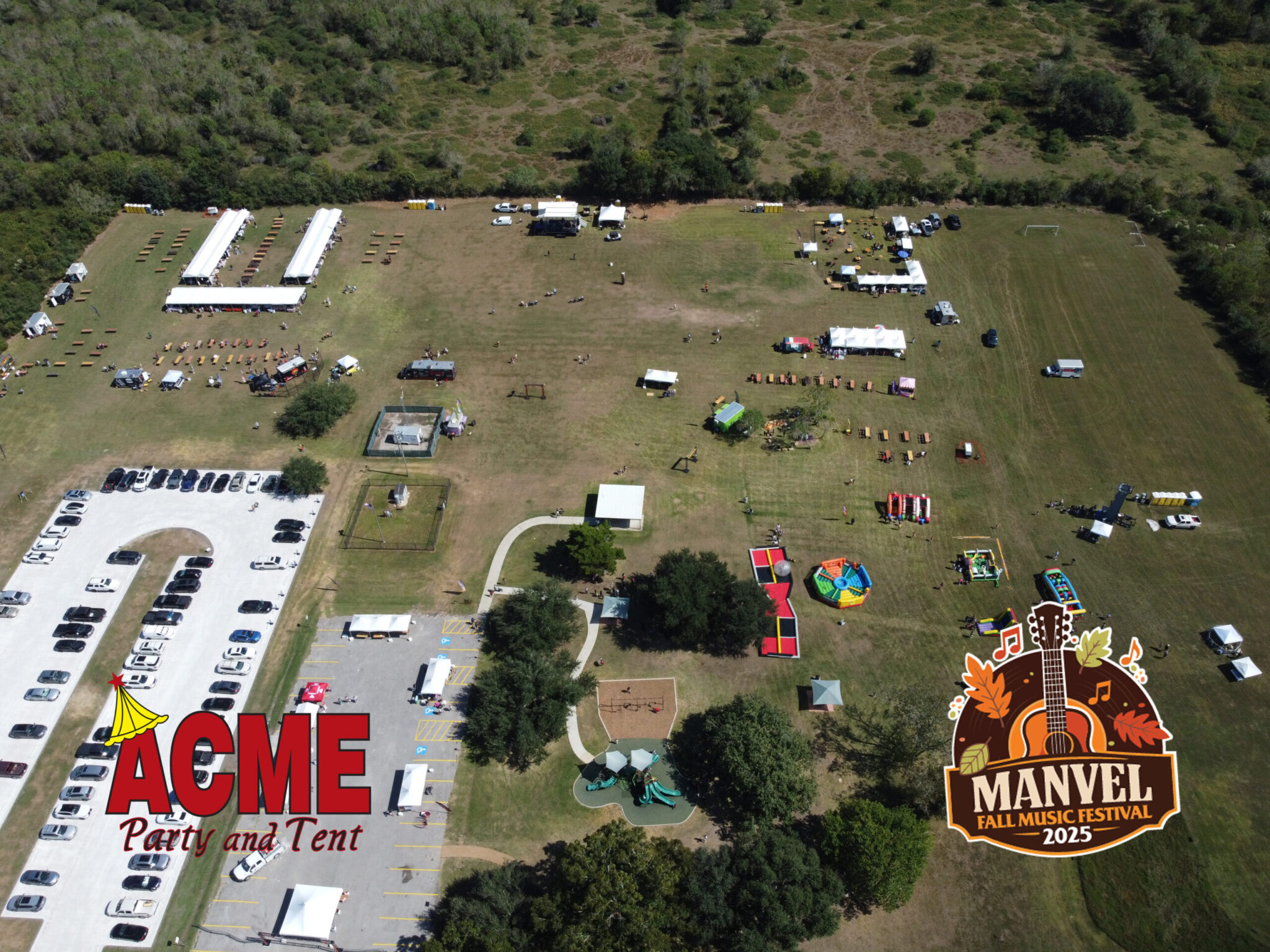 Aerial view of a large public outdoor event on a Houston-area field, the kind of event that requires municipal permits