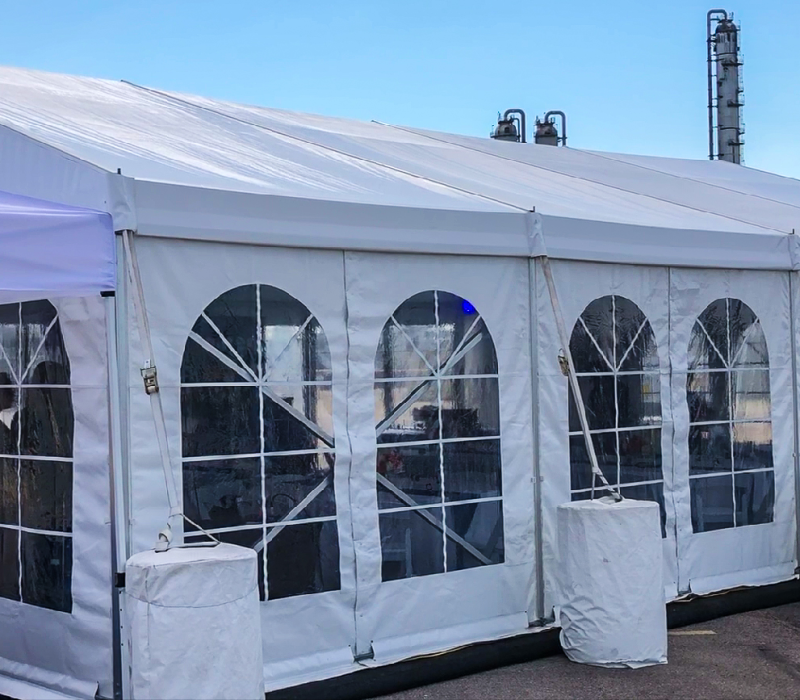 Commercial structure tent with window walls at a Houston corporate site