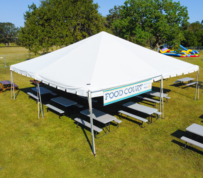 Clear span frame tent set up as a food court at a Houston event