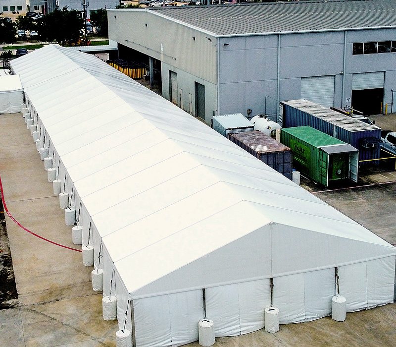 Aerial view of a warehouse tent structure installed in the Houston area